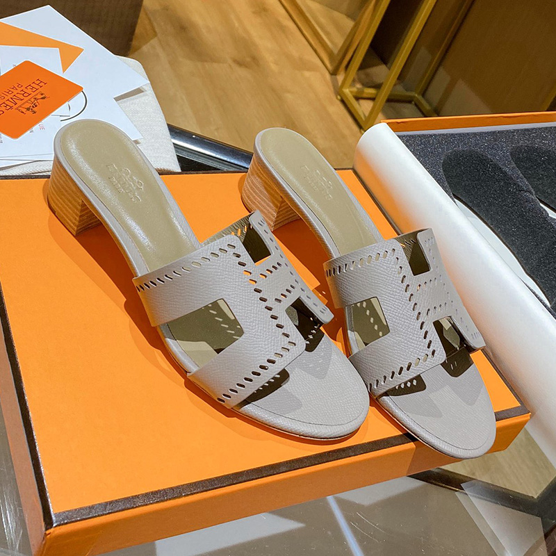 Hermes Oasis Slides Women Hollow Leather In Grey - Image 2